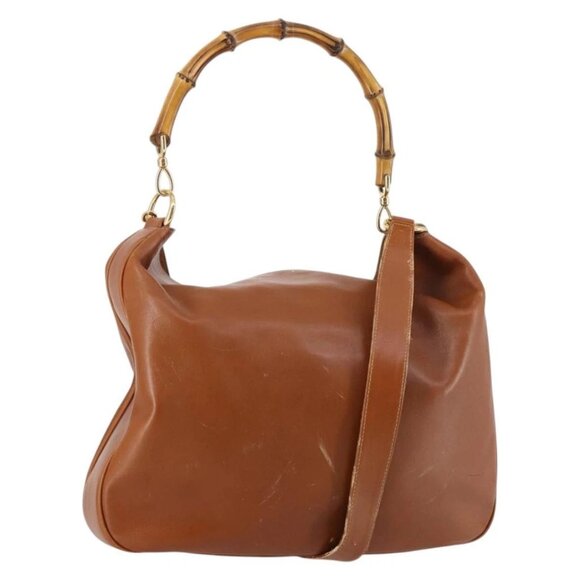 GUCCI Bamboo Shoulder Bag Leather 2way Brown Gold - Picture 1 of 16